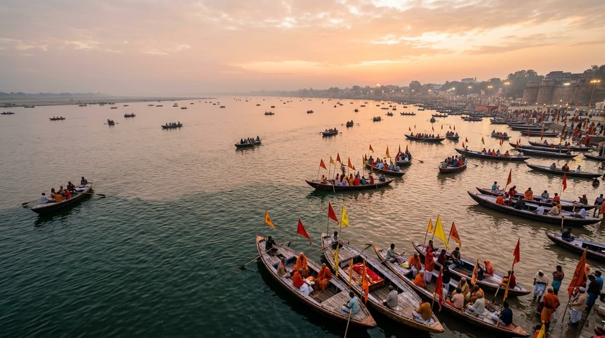 Triveni Sangam confluence at sunrise in Prayagraj